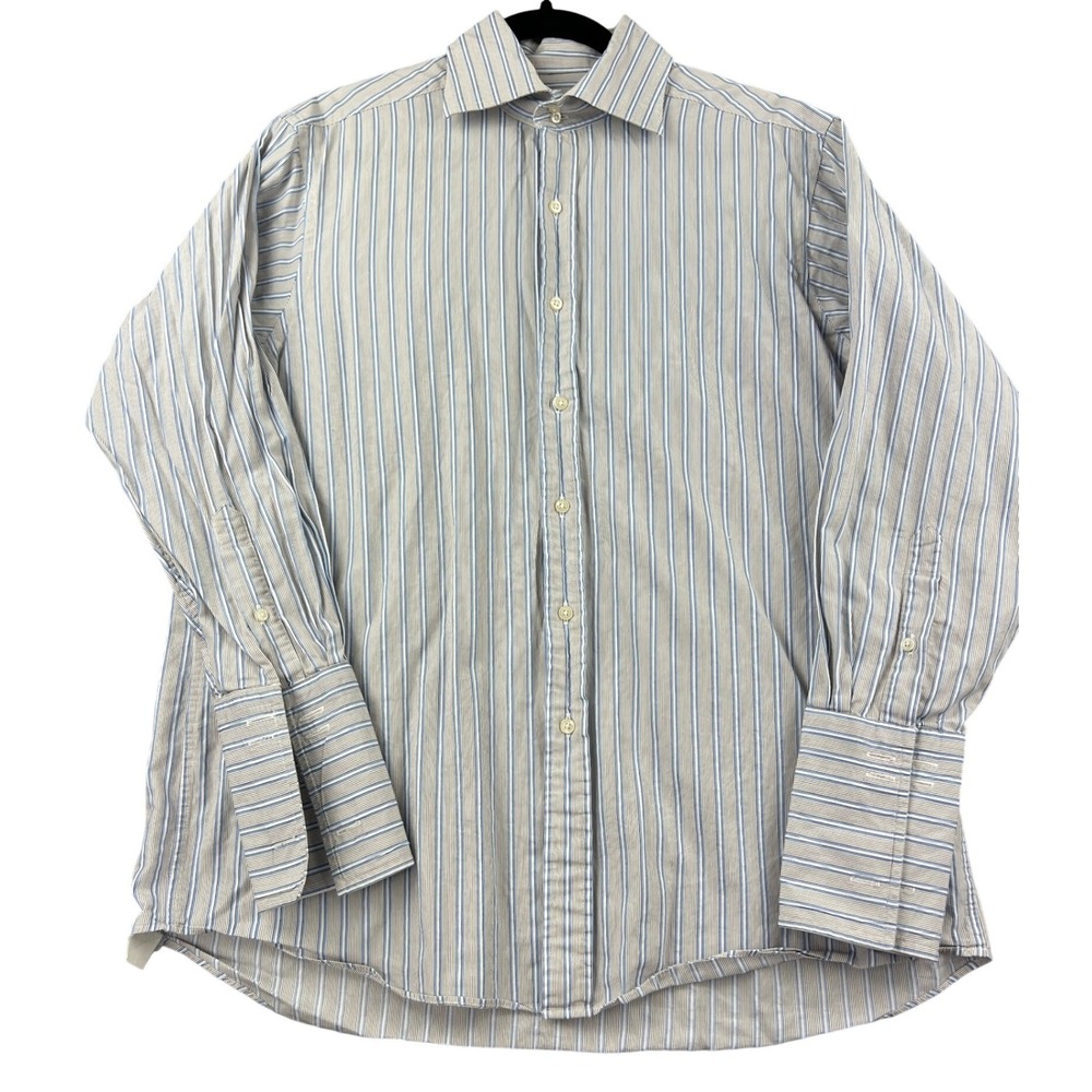 Sean John Mens Blue Striped Button Down Shirt 16.5 32/33 French Cuff Cotton L